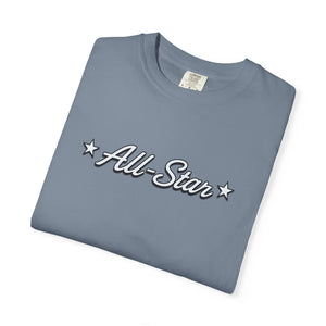 Folded flat lay of The Rad Rewind All-Star Graphic Tee in Orchid — soft lavender garment-dyed Comfort Colors heavyweight tee