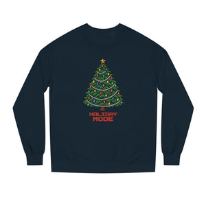 Classic Navy dark navy midweight fleece crewneck sweatshirt with a pixel-art Christmas tree, colorful bulbs, silver garland and Holiday Mode lettering, front view