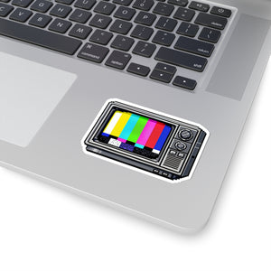 3 by 3 inch retro TV test pattern sticker applied to a laptop beside the keyboard