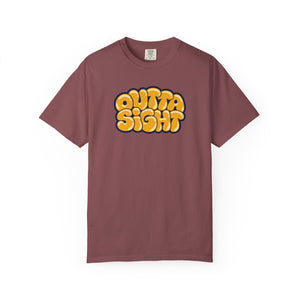 Brick red garment-dyed graphic tee with Outta Sight in puffy golden bubble letters, cream highlights and a navy outline, front view