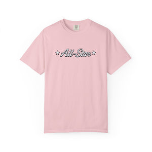 The Rad Rewind All-Star Graphic Tee in Flo Blue — retro All-Star script graphic with stars on a bright sky blue garment-dyed Comfort Colors tee