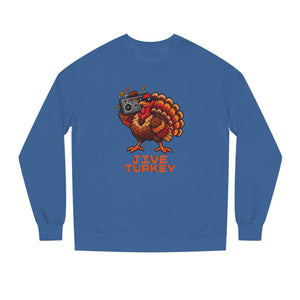 Royal Heather heathered blue midweight fleece crewneck sweatshirt with a pixel-art turkey in sunglasses carrying a boombox over Jive Turkey lettering, front view