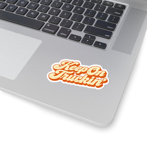 3 by 3 inch Keep On Truckin' retro script sticker applied to a laptop beside the keyboard