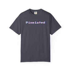 Front view of a Navy blue relaxed-fit tee featuring a pixelated 8-bit wordmark with red-and-blue signal-glitch fringe.