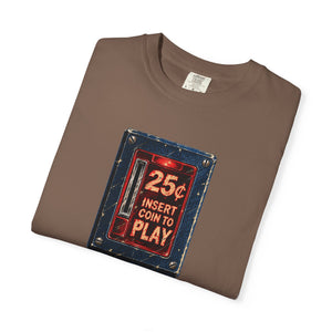 Folded espresso brown arcade coin door graphic tee showing the relaxed heavyweight cotton fit
