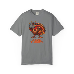 Grey medium gray garment-dyed graphic tee with a pixel-art turkey in sunglasses carrying a boombox over Jive Turkey lettering, front view