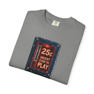 Folded granite gray arcade coin door graphic tee showing the relaxed heavyweight cotton fit