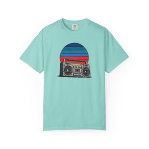 Sunset Sessions retro boombox graphic tee front view — The Rad Rewind