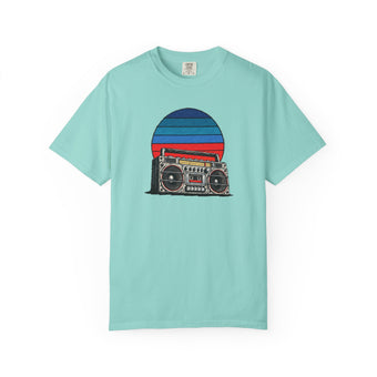 Chalky Mint light green garment-dyed graphic tee with an ink-line boombox in front of a striped retro sun, front view