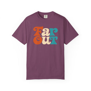 Berry plum purple garment-dyed graphic tee with groovy Far Out lettering in copper, cream and teal, front view