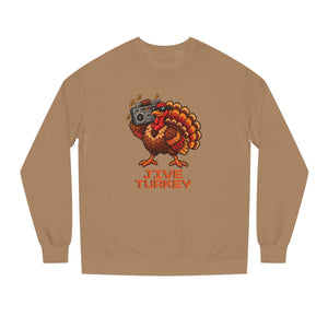 Sandstone tan midweight fleece crewneck sweatshirt with a pixel-art turkey in sunglasses carrying a boombox over Jive Turkey lettering, front view
