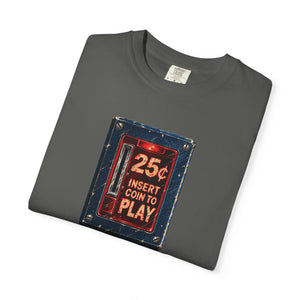 Folded pepper dark olive arcade coin door graphic tee showing the relaxed heavyweight cotton fit