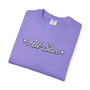 All-Star tee in Violet folded flat — vintage script and stars chest graphic, nostalgic sports apparel — The Rad Rewind