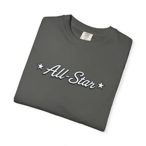 Folded flat lay of The Rad Rewind All-Star Graphic Tee in Blue Jean — faded denim garment-dyed Comfort Colors heavyweight tee