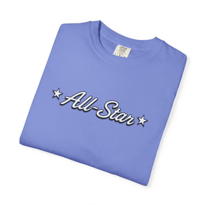 Folded flat lay of The Rad Rewind All-Star Graphic Tee in Violet — deep purple garment-dyed Comfort Colors heavyweight tee