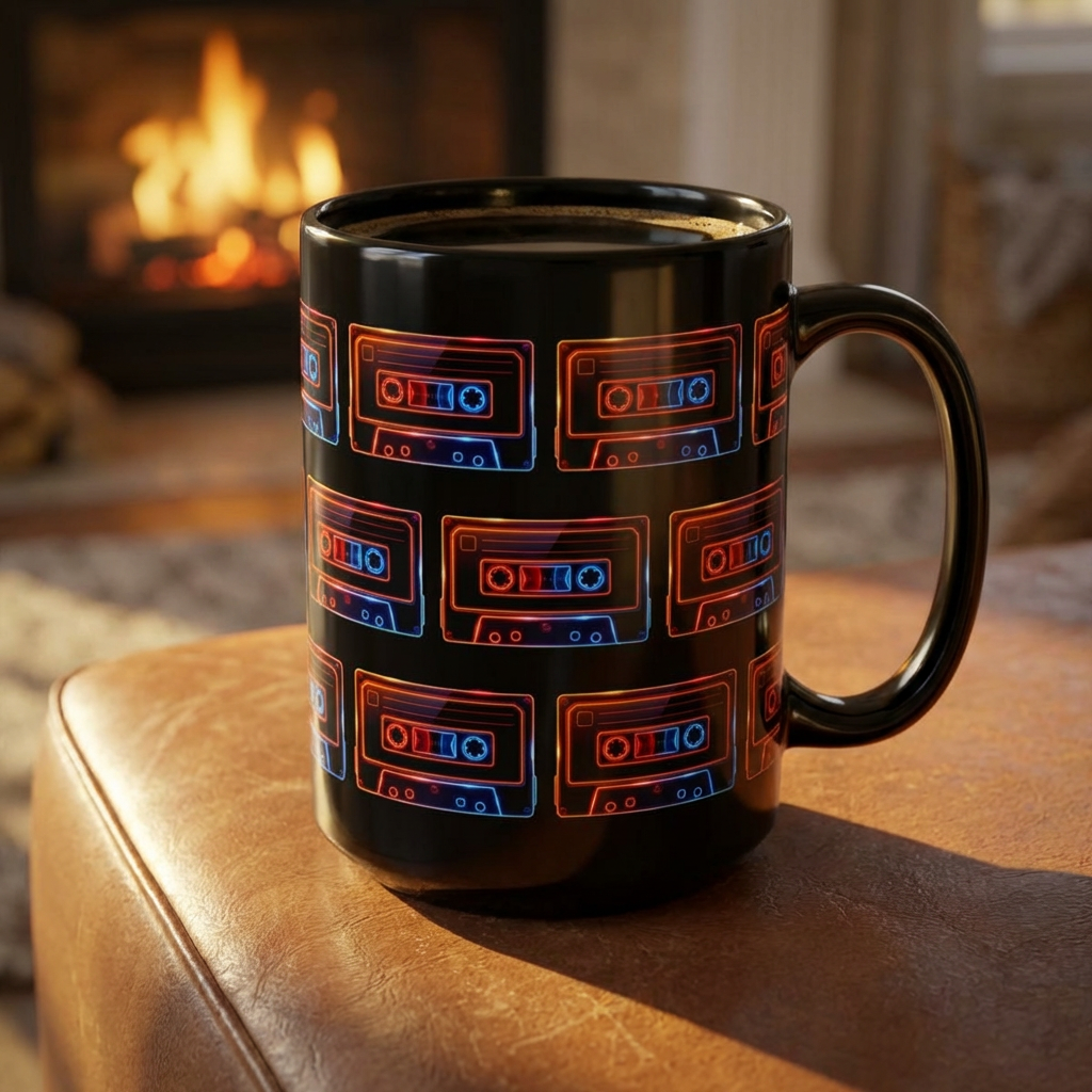 Neon cassette ceramic mug custom graphic render — retro music nostalgia drinkware gift for tape lovers — The Rad Rewind