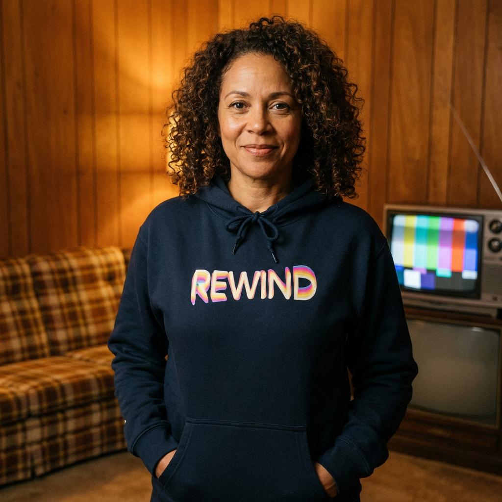 Woman wearing navy Special Presentation Hoodie — The Rad Rewind