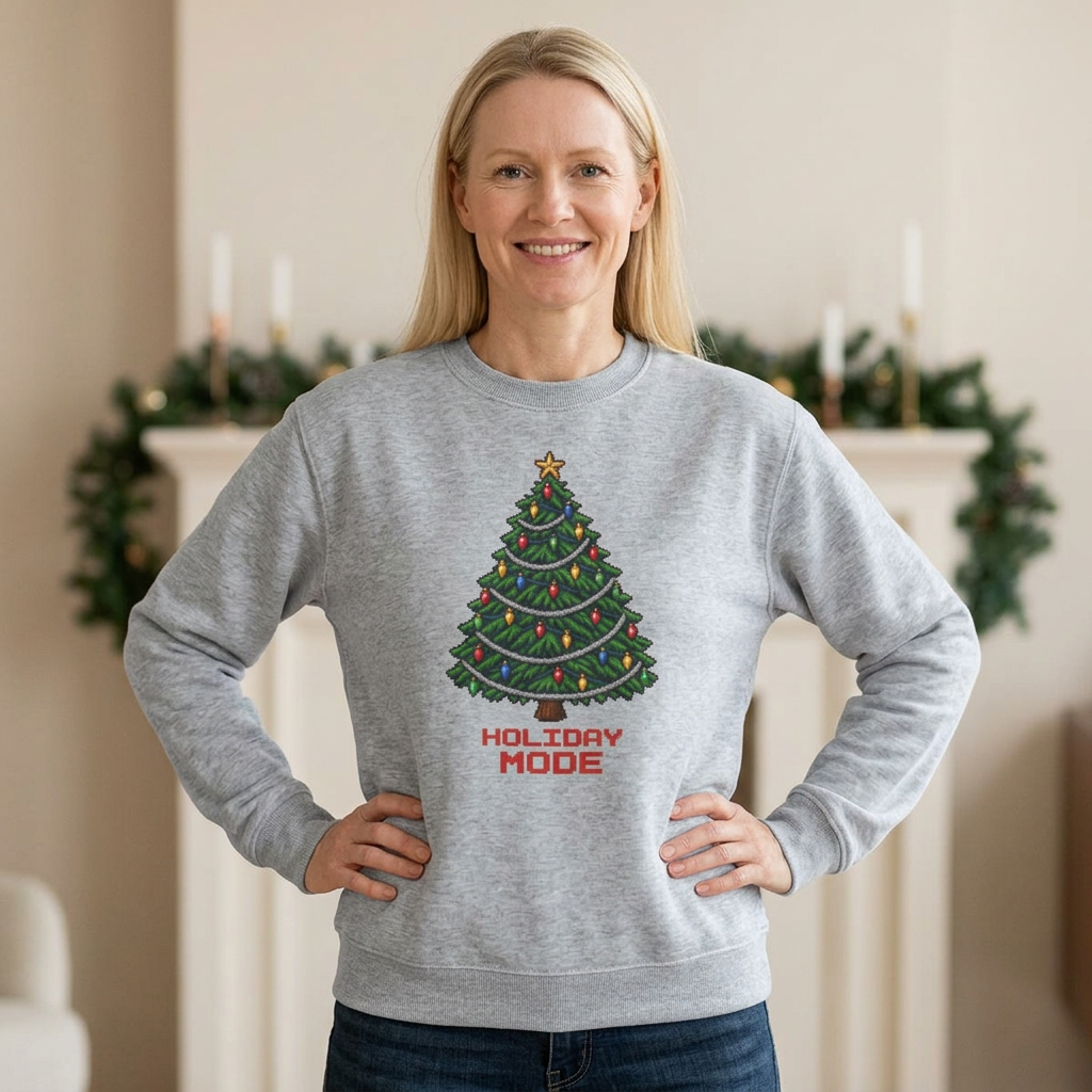 Smiling blonde woman with hands on her hips wearing a Grey Heather Holiday Mode pixel Christmas tree sweatshirt in a bright room with a garland-draped mantel