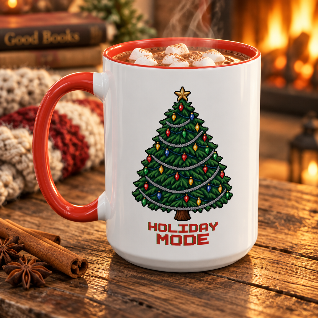 Holiday Mode pixel Christmas tree mug filled with hot chocolate and marshmallows on a rustic wood table beside cinnamon sticks, a knit blanket and a glowing fireplace