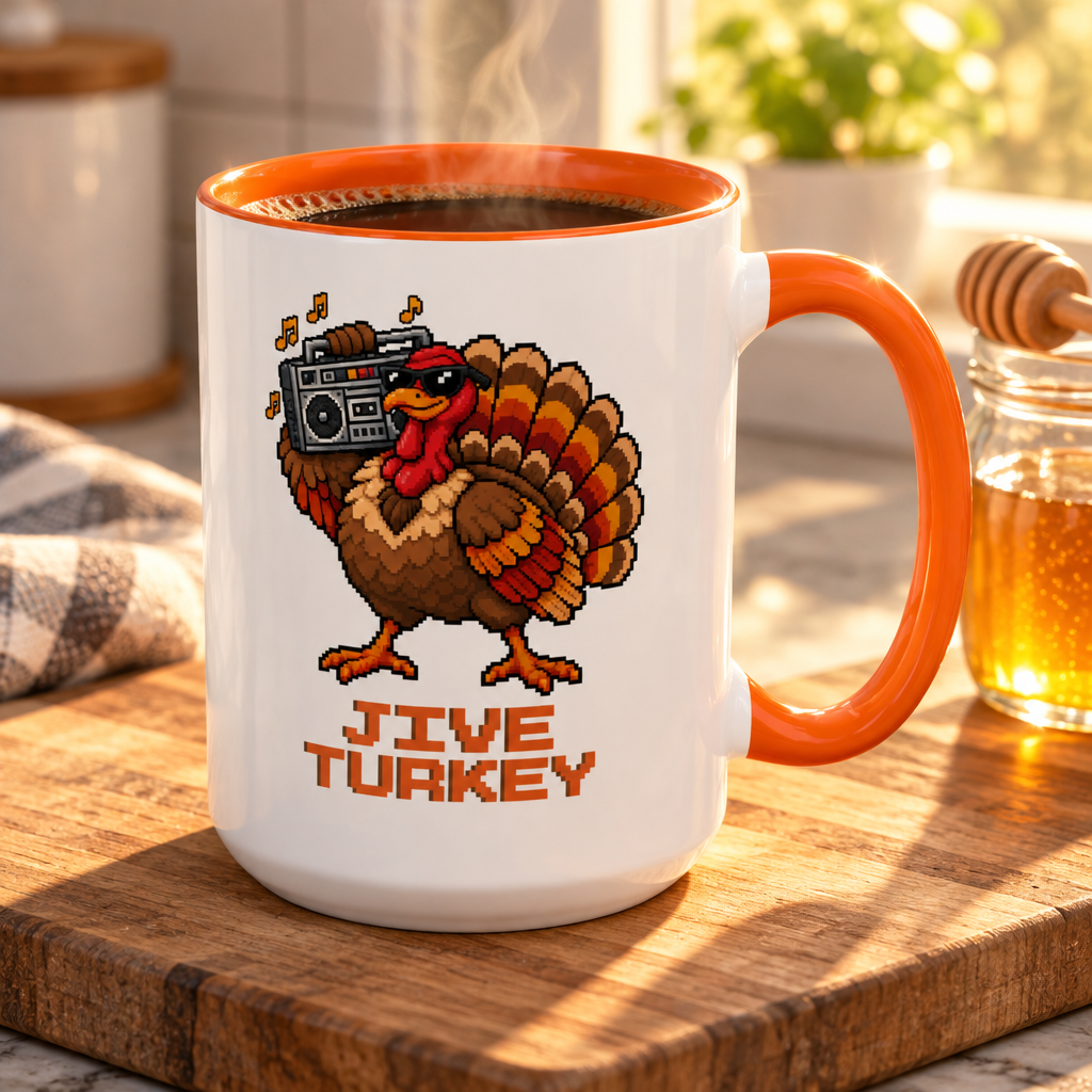 Jive Turkey pixel turkey mug filled with steaming black coffee on a wooden cutting board in a sunlit kitchen, beside a glowing jar of honey