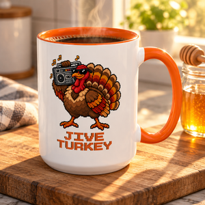 Jive Turkey pixel turkey mug filled with steaming black coffee on a wooden cutting board in a sunlit kitchen, beside a glowing jar of honey