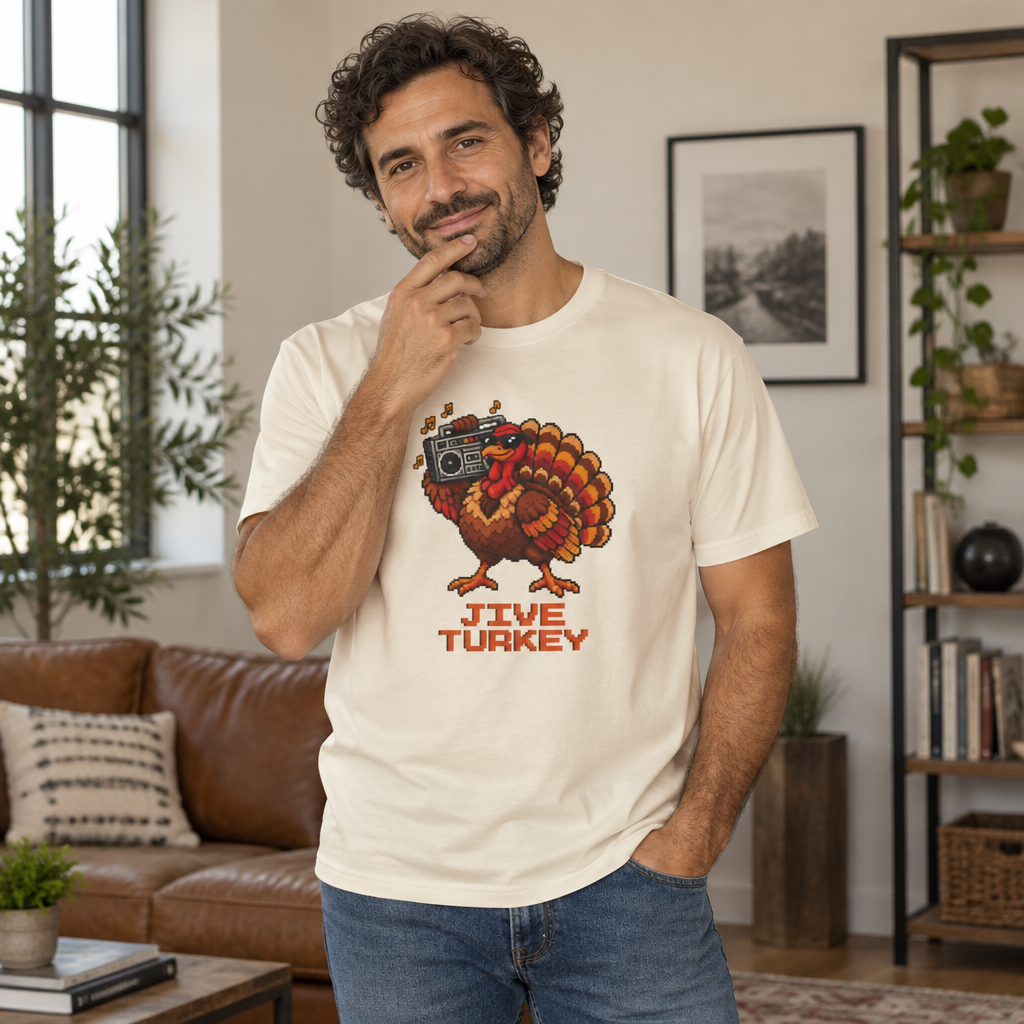 Smiling man with curly dark hair wearing an Ivory cream Jive Turkey pixel turkey tee in a living room with a leather couch