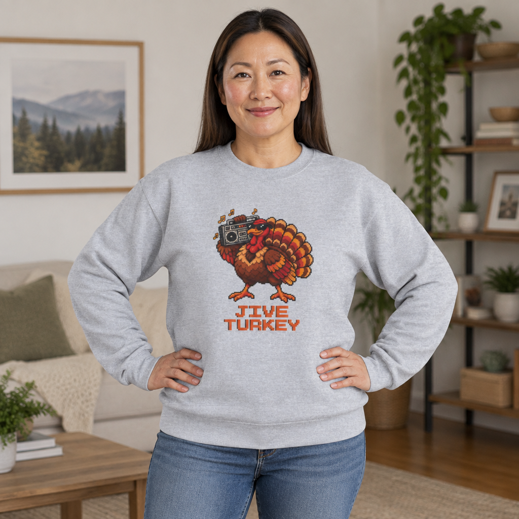 Smiling woman with long dark hair and hands on her hips wearing a Grey Heather Jive Turkey pixel turkey sweatshirt in a bright living room