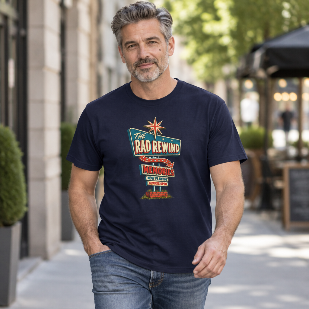 Silver-haired man wearing the True Navy Rad Rewind roadside sign tee on a sunny city sidewalk