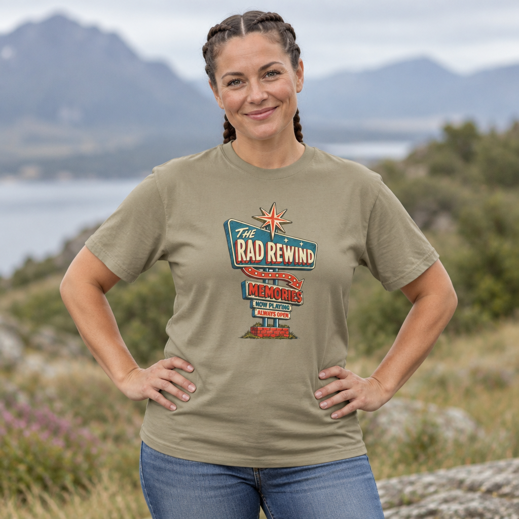 Woman with braided hair wearing the Sandstone Rad Rewind roadside sign tee on a hillside above the water