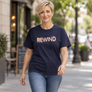 Woman with short blonde hair wearing the True Navy Rad Rewind REWIND tee on a sunny city sidewalk