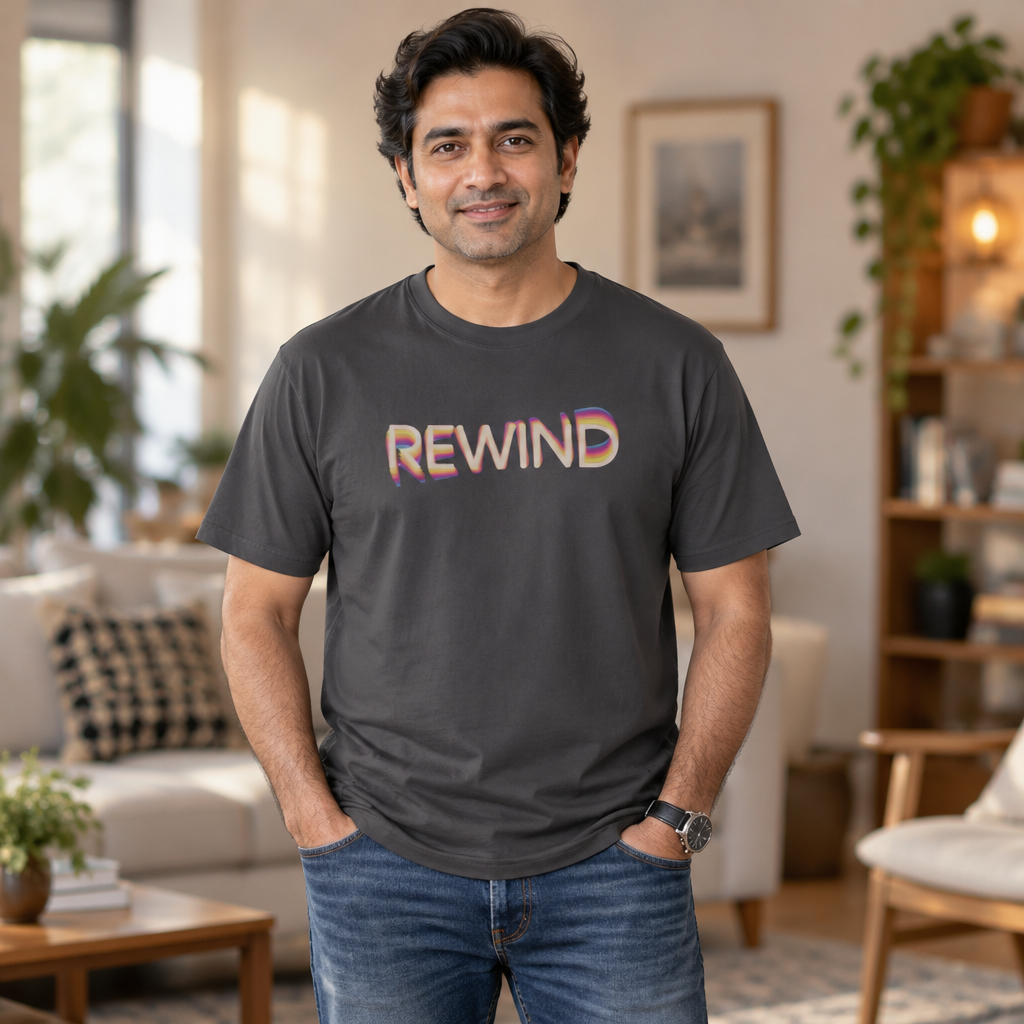 Man with dark wavy hair wearing the Graphite Rad Rewind REWIND tee in a sunlit living room