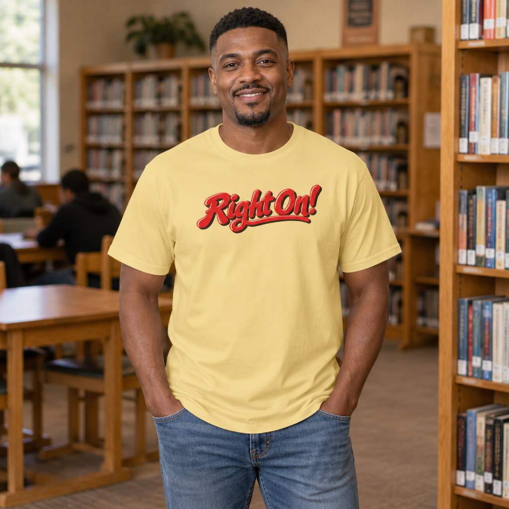 Smiling man wearing the Butter Right On! graphic tee in a library aisle