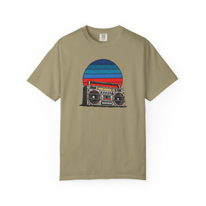 Sunset Sessions garment-dyed boombox tee laid flat — The Rad Rewind