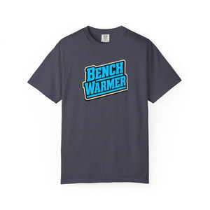 Flat lay of The Rad Rewind Bench Warmer Tee — die-cut sticker aesthetic sport-card badge on vintage-finish tee