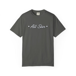The Rad Rewind All-Star Graphic Tee in Blue Jean — retro All-Star script graphic with stars on a faded denim-toned garment-dyed tee