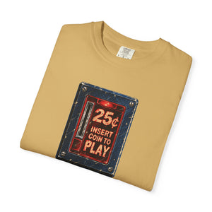 Folded mustard yellow arcade coin door graphic tee showing the relaxed heavyweight cotton fit