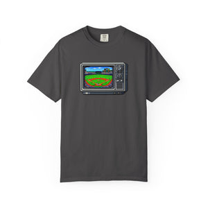 Retro CRT baseball tee close-up graphic chest detail — The Rad Rewind