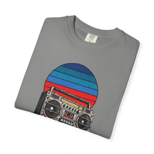 Sunset Sessions retro sun and boombox tee neutral colorway — The Rad Rewind