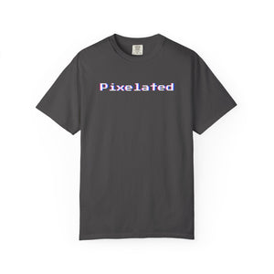 Front view of a Graphite dark grey heavyweight cotton tee with a low-resolution pixel wordmark and glitchy color fringe.