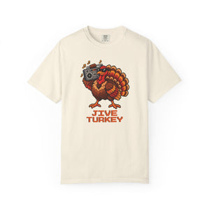 Ivory cream garment-dyed graphic tee with a pixel-art turkey in sunglasses carrying a boombox over Jive Turkey lettering, front view
