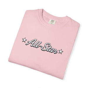 Folded flat lay of The Rad Rewind All-Star Graphic Tee in Flo Blue — bright sky blue garment-dyed Comfort Colors heavyweight tee