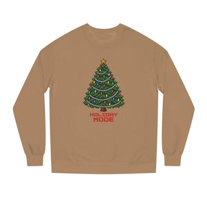 Sandstone tan midweight fleece crewneck sweatshirt with a pixel-art Christmas tree, colorful bulbs, silver garland and Holiday Mode lettering, front view