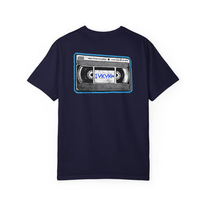 The Rad Rewind IYKYK Graphic Tee in Black — back view showing VHS tape graphic with neon blue glow border