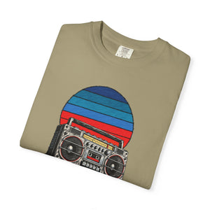 Sunset Sessions retro boombox graphic tee back and sleeve view — The Rad Rewind