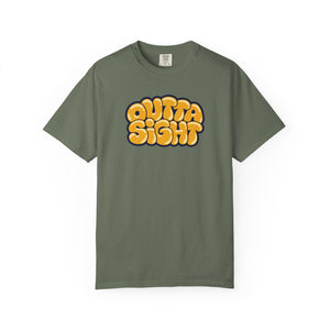 Moss olive green garment-dyed graphic tee with Outta Sight in puffy golden bubble letters, cream highlights and a navy outline, front view