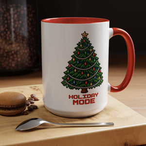 Holiday Mode pixel Christmas tree mug with a red handle on a wooden board with coffee beans, a cookie and a spoon