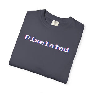 Folded flat-lay of the Navy pixelated glitch graphic tee showing the low-resolution wordmark on soft garment-dyed cotton.