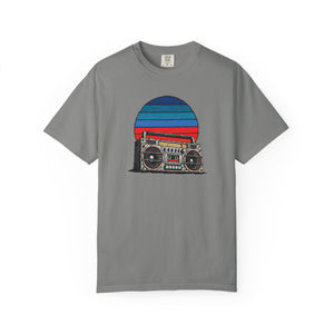 Sunset Sessions ink-line boombox tee on model front view — The Rad Rewind