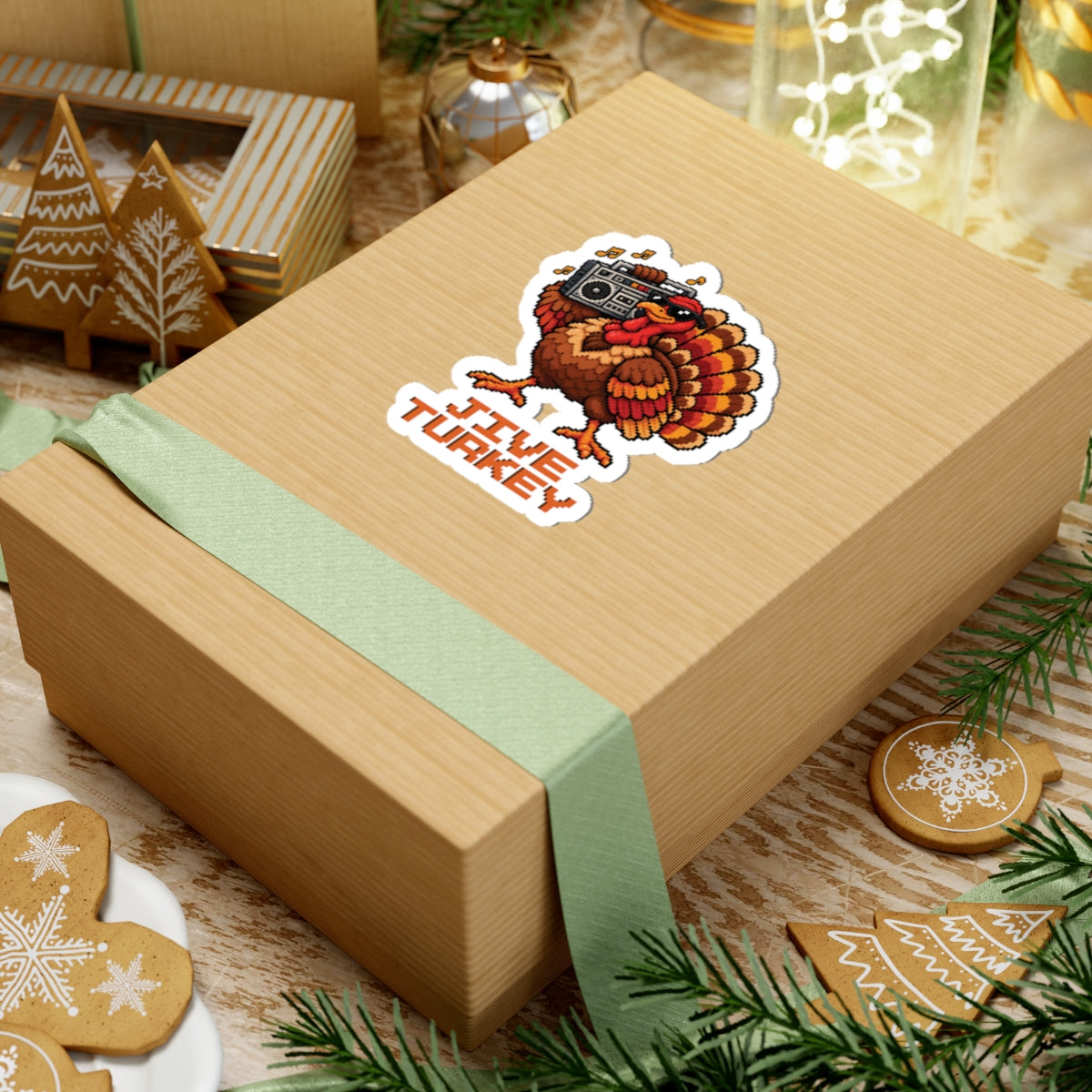 4 by 4 inch Jive Turkey pixel turkey sticker applied to a kraft gift box among holiday decorations