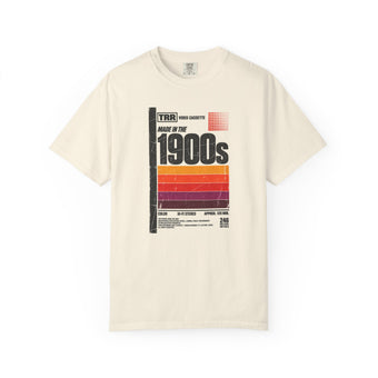 Ivory garment-dyed graphic tee with a retro cassette tape label design reading Made in the 1900s, front view
